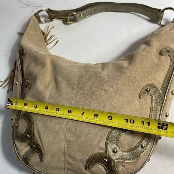 Lexi Bloom khaki faux suede and gold tone studs ajustable shoulder bag - Picture 10 of 12